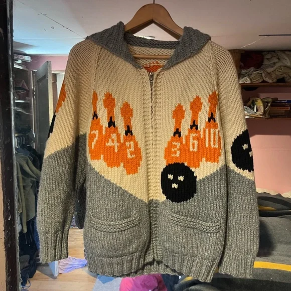 Vintage 1950 cowichan wool sweater bowling theme - Picture 3 of 9
